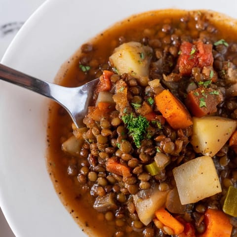 Herzhaftes, nahrhaftes Linseneintopf-Rezept mit frischem Gemüse und Gewürzen.  