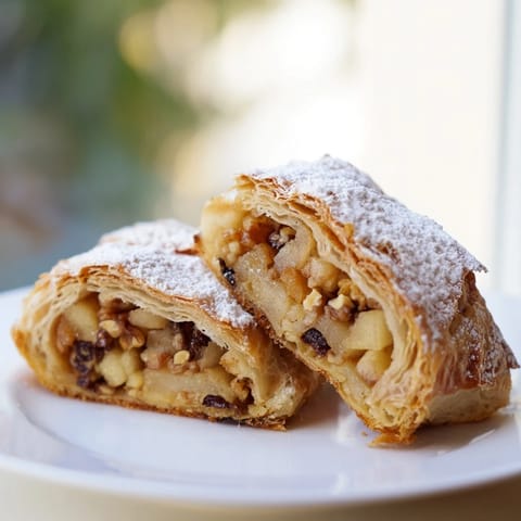 A close-up of a freshly baked apple strudel, showing layers of puff pastry.