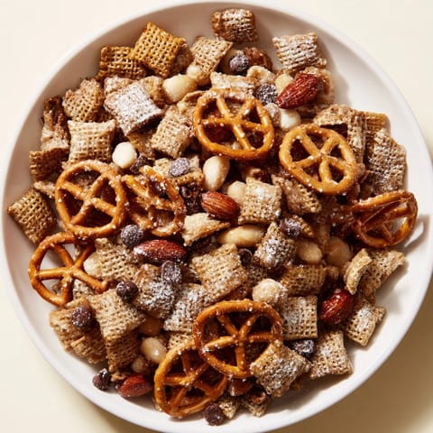 Golden, glistening Festive Pine Cone Snack Mix with chocolate chips and powdered sugar topping.
