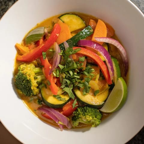 Bright photo of Coconut Curry Vegetables, with visible colorful vegetables in creamy sauce.