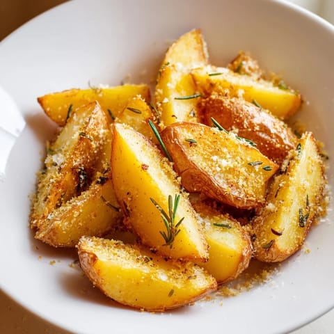 Oven-baked rosemary Parmesan potato wedges, sprinkled with fresh Parmesan and herbs, steaming hot.