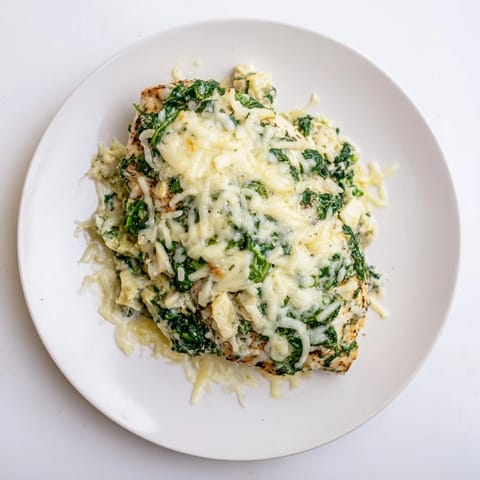 Goldbraunes Spinat-Artischocken-Hähnchen im Ofen, goldbraun gebacken und mit geschmolzenem Käse und sahnigem griechischem Joghurt verziert.