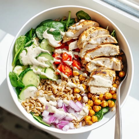 Goldenroastiger Hähnchenbruststreifen und knusprige Kichererbsen auf einem Bett aus Farro und grünem Gemüse, übergossen mit cremiger Zitronen-Tahini-Sauce.