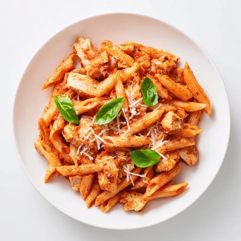 Saucy Tomato Basil Chicken Pasta with tender chicken and al dente penne on a white plate.