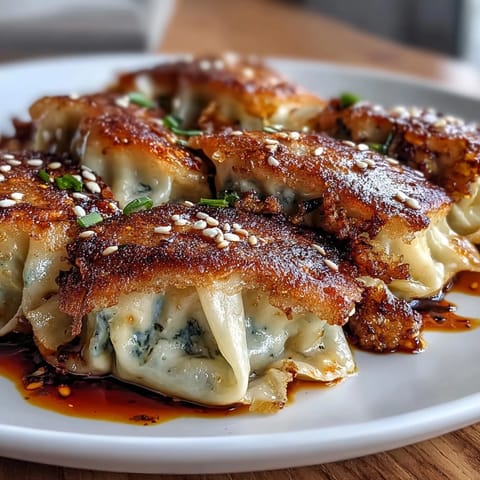 Crispy smashed gyozas with golden, pan-fried bottoms served alongside a small dipping bowl of soy and vinegar sauce.  