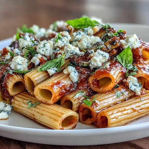 Italian classic Pasta Alla Norma served in a rustic bowl, topped with fresh basil leaves and crumbled cheese.