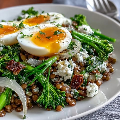 Ein leckeres French Lentil Salad With Broccolini and Soft-Cooked Eggs mit knusprigem Brokkoli und cremigem Eigelb, serviert auf rustikalem Holz.