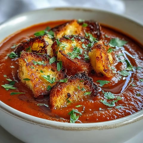 Eine dampfende Schüssel der Paprikasuppe mit knusprigen Croutons und einem Hauch von Sahne für den Mittagstisch.
