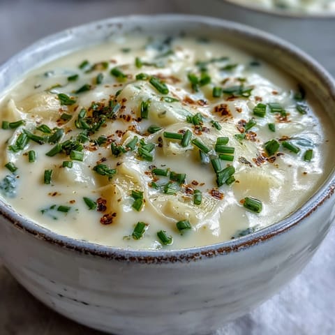 Gedünstete Potato Leek Soup mit knusprigem Bacon und Schnittlauch, perfekt für kühle Tage.