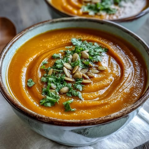 Ofenfrische Carrot Ginger Soup mit gerösteten Kürbiskernen und knusprigem Brot für den US-Herbst.