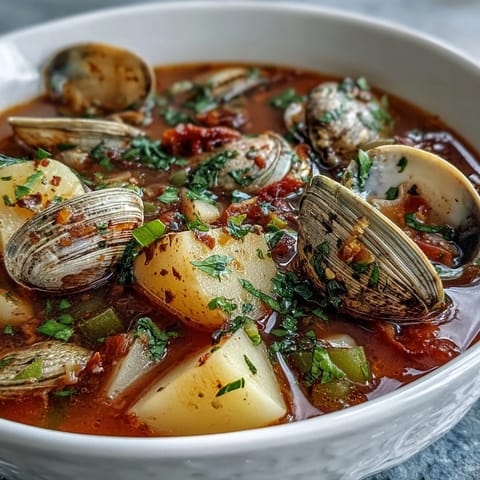 Geschmackvolle Manhattan Clam Chowder mit Muscheln, Kartoffeln und Keksen serviert.