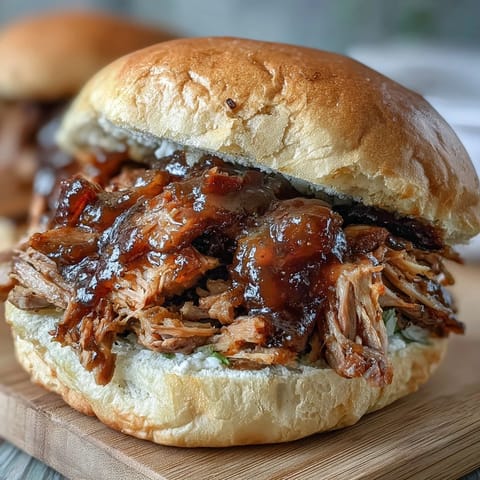 Applesauce Pulled Pork Sandwiches mit saftigem Fleisch, Zwiebeln und einer würzigen Apfel-Cider-Note.