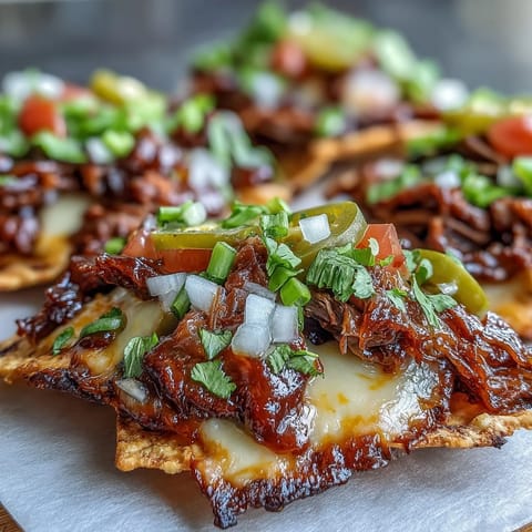 Hearty BBQ Beef Nachos piled high with pickled jalapeños, sour cream, and diced red onion on crispy chips.
