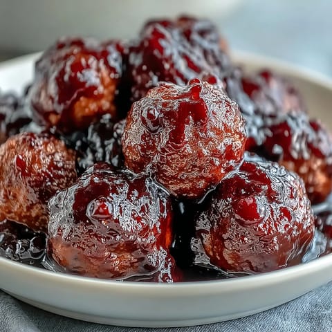 Frisch zubereitete Grape Jelly und Chili Sauce Meatballs als partysicheres, amerikanisches Fingerfood auf einem Tablett.