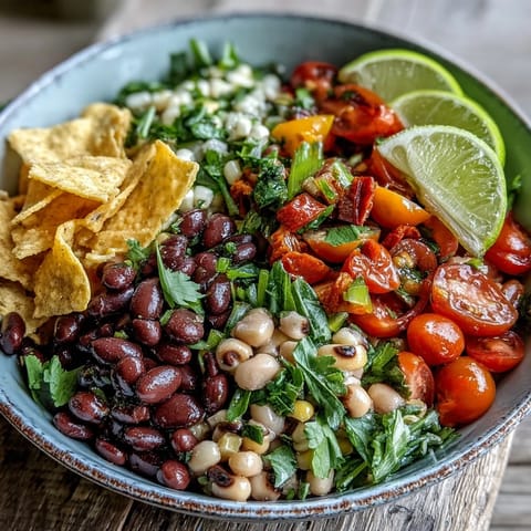 Ein bunter Schüsselsalat Cowboy Caviar mit schwarzen Bohnen, Mais, Paprika und frischer Koriander, angerichtet in einer Schüssel.