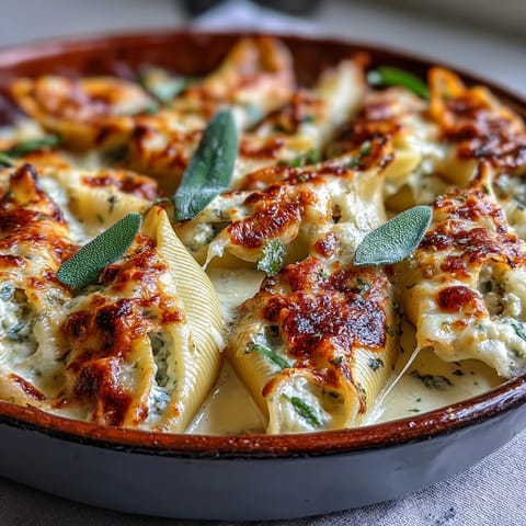 Pumpkin & Gouda Stuffed Shells with Brown Butter & Sage Alfredo Sauce ready to serve on a white plate, perfect for a fall family dinner.