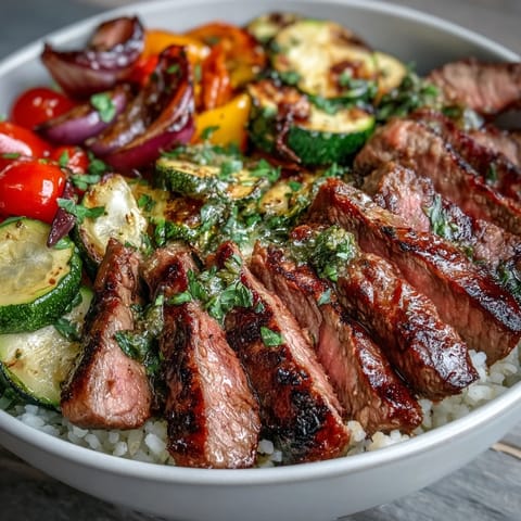 Goldener Sheet Pan Steak und Veggie Bowl mit Saftigem Fleisch und duftendem Reis auf einer einzelnen Auflauchplatte.