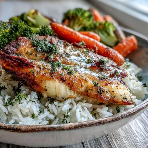 Herb-baked tilapia bowl with fluffy rice, steamed broccoli, and carrots on a white plate.