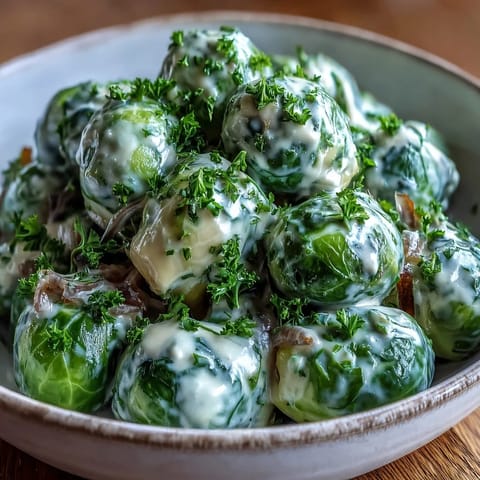 Crispy Brussels sprouts tossed in a creamy Dijon mustard sauce, garnished with parsley.