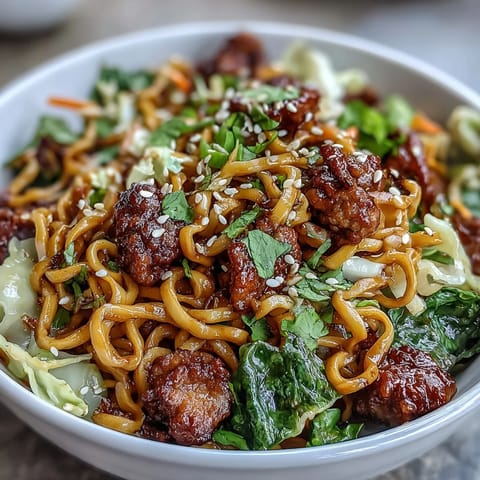 Potsticker Noodle Bowls mit glasigen Reisnudeln, gebratenem Schweinefleisch und knackigem Gemüse garniert mit Koriander und Sesam.