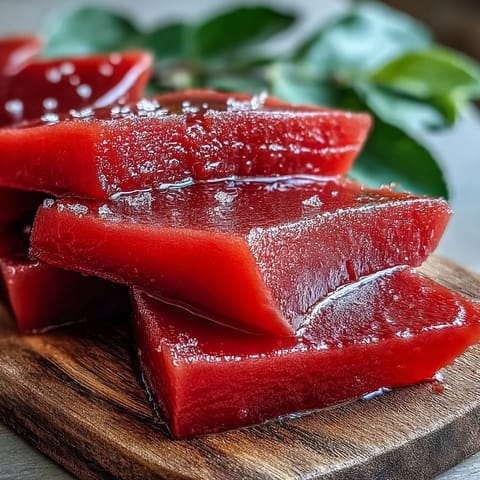 Ein goldbrauner Guava Konfitürenblock, glänzend und samtig, bereit für Dessert oder Creme-Käse-Cracker.