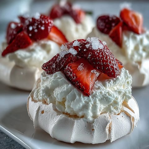 Zarte, knusprige Baisernester gefüllt mit luftiger Schlagsahne und frischen Erdbeeren, ideal für Frühlingsfeiern.