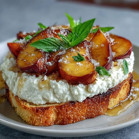 Honig-Pfirsich-Burrata-Toast mit frischem Basilikum und Honig-Drizzle