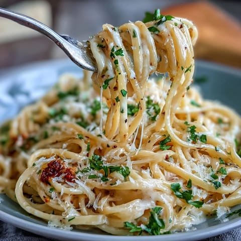 Ein Teller mit cremiger Zitronen-Butter-Pasta, garniert mit frischem Petersilie und Parmesan.  