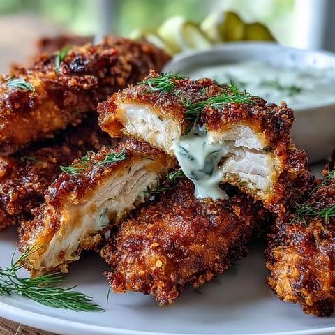 Goldbraune, extra knusprige Pickle Brine Chicken Tenders, bereit zum Dippen.