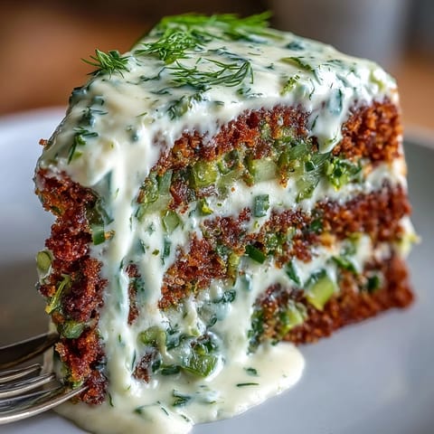 Köstlicher Pickle Cake mit würzigem Dillsahne-Frosting, perfekt als Appetizer.