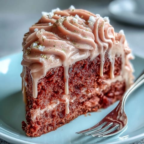 Luxuriöses Rosé-Samtkuchenrezept mit glänzendem Goldtropfen.