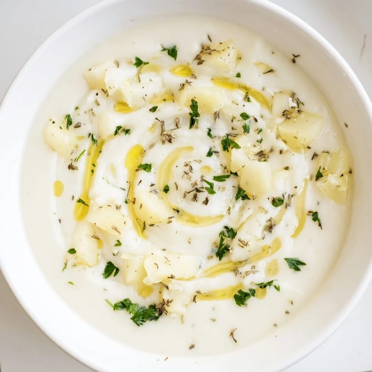 Thick and creamy vegan creamy garlic potato soup, seasoned with herbs, a comforting dinner.