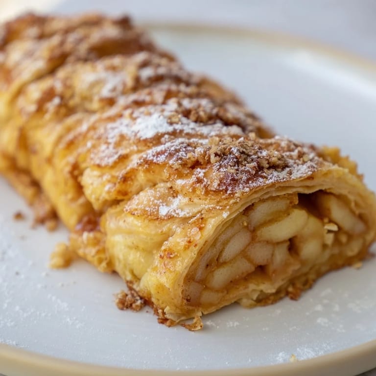 Close-up of baked Apple Strudel Rolls, revealing the spiced apple filling and golden, buttery phyllo pastry.