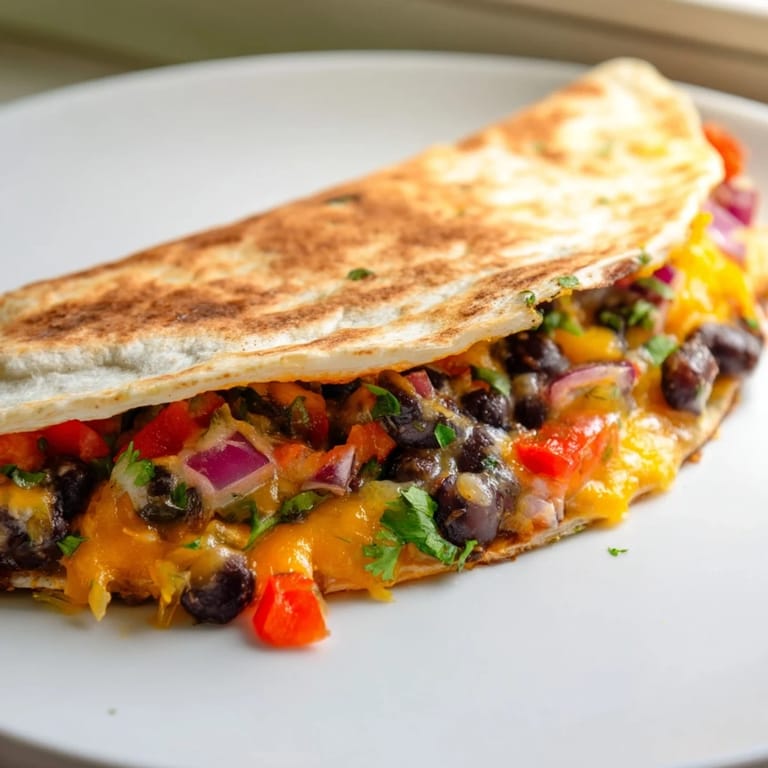 Close-up of a Vegetarian Quesadilla, showing bubbling cheese and a flavorful bean and veggie filling.