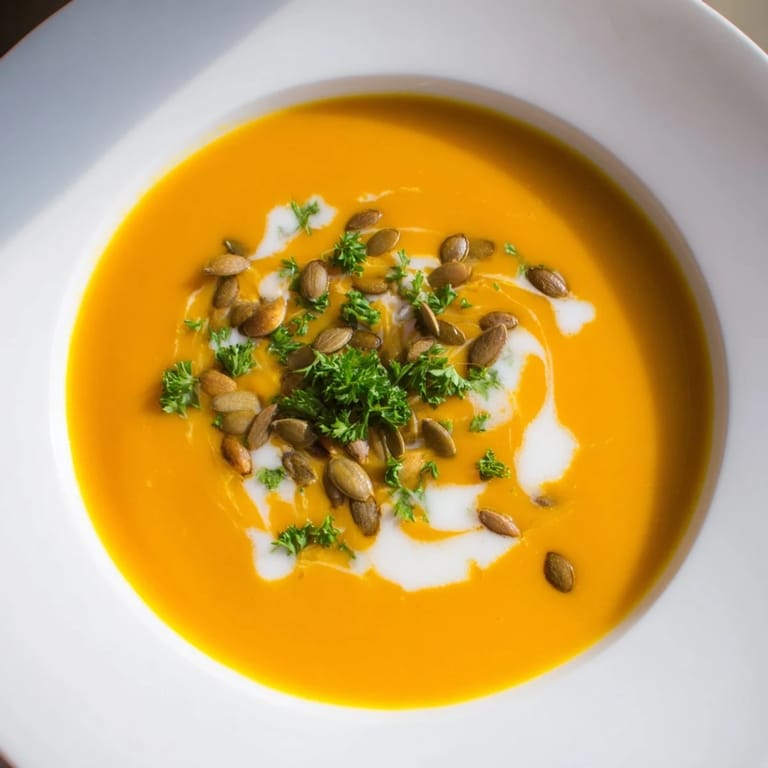 A bowl of warm pumpkin soup, velvety smooth, next to toasted bread slices for dipping.