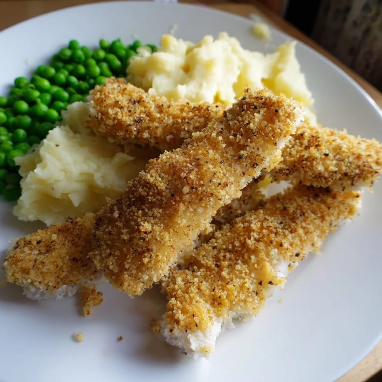 Knusprige Ofen-Fischstäbchen, serviert mit Kartoffelpüree und Erbsen, ein warmes und sättigendes Gericht.