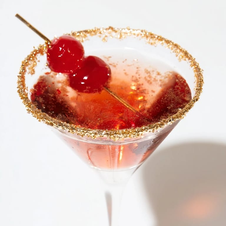The shimmering gold rim of a Rococo Kirsch Martini sparkles invitingly, ready for a special occasion.