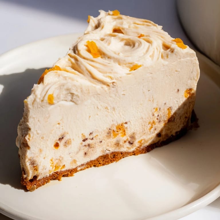 Festive Lebkuchen cheesecake, topped with sweet cinnamon cream cheese, ready on a plate.