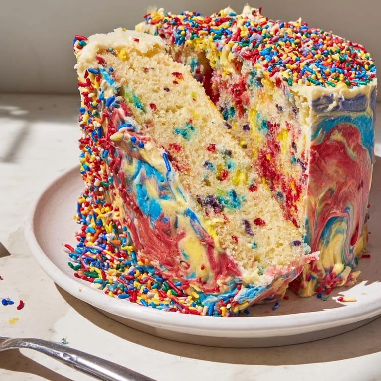Imagine: a tall, frosted Chaotic Funfetti Cake, a festive dessert perfect for celebrating.