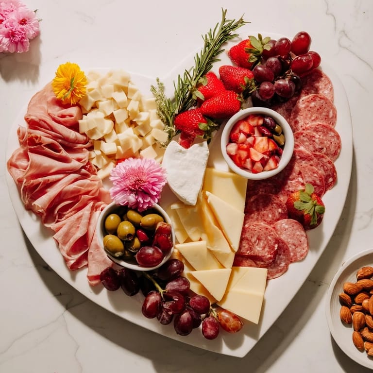 Romantic heart-shaped charcuterie board with brie, salami, and grapes; perfect for a special occasion.