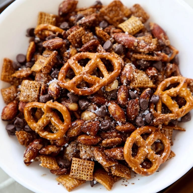Close-up of the delicious Festive Pine Cone Snack Mix, a crunchy treat for easy enjoyment.