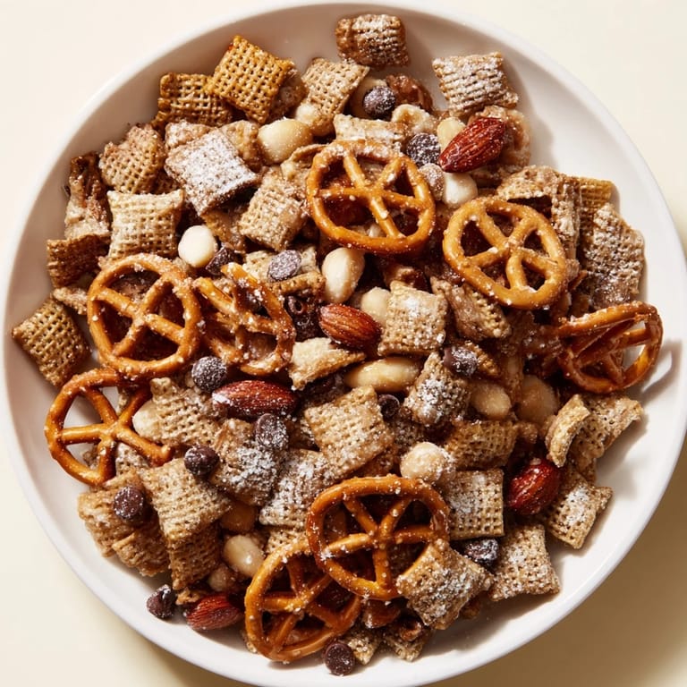 Golden, glistening Festive Pine Cone Snack Mix with chocolate chips and powdered sugar topping.