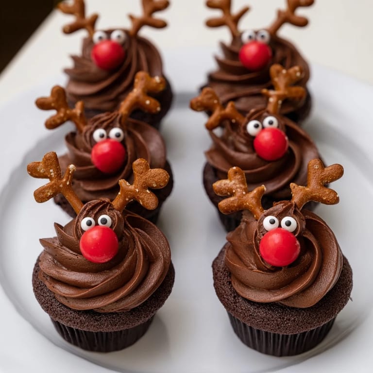 Close-up of a Reindeer Holiday Dessert Platter, showing off chocolate reindeer cupcakes and mousse.