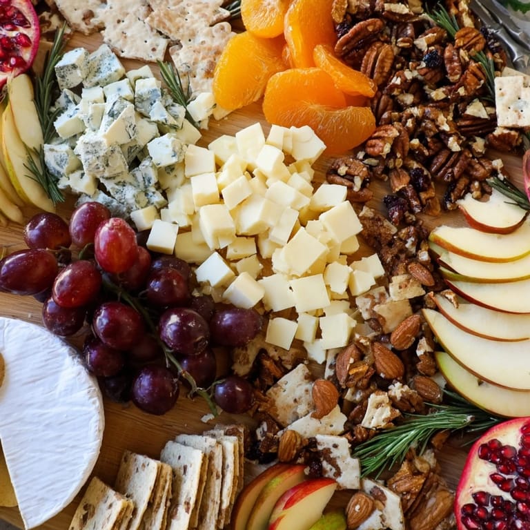 Close-up of a beautifully arranged Winter Wonderland Snack Board with gingerbread and pomegranate seeds.