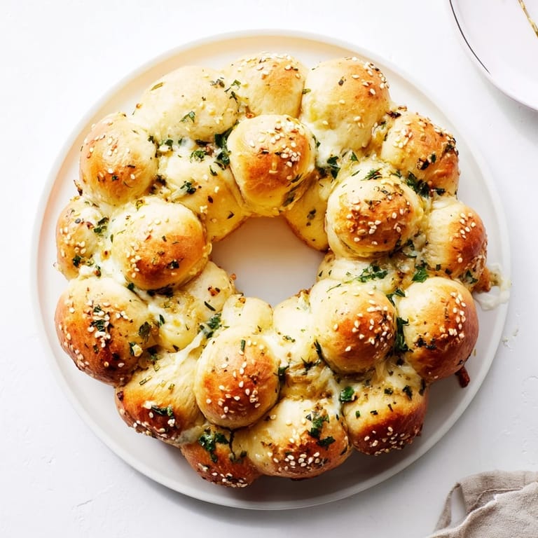 Close-up of freshly baked Festive Pull-Apart Bread Wreath, ready to enjoy with family and friends.