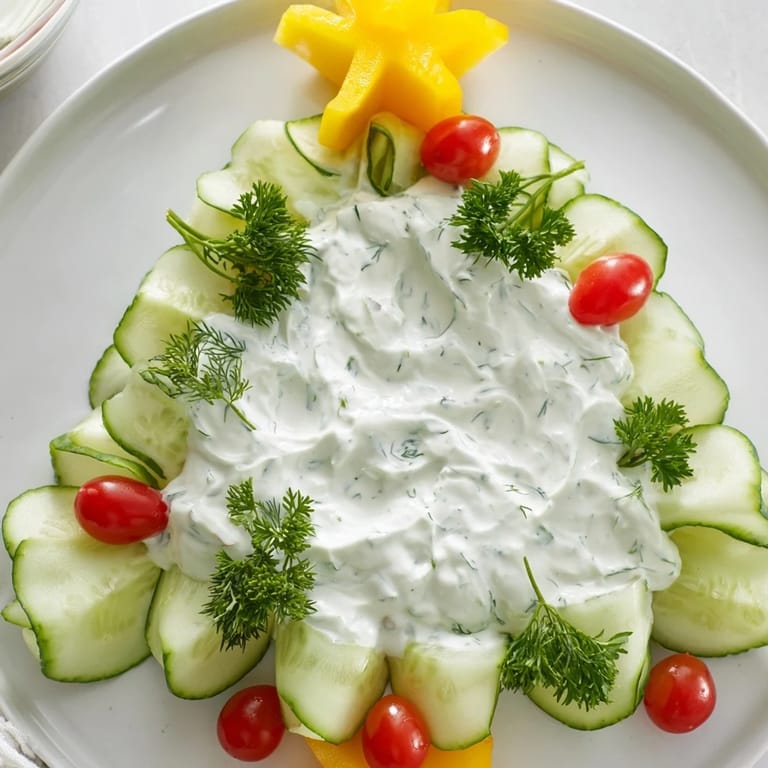 Holiday-ready Cucumber and Tomato Tree Dip, with cucumber slices, tomatoes, and creamy dip for dipping.