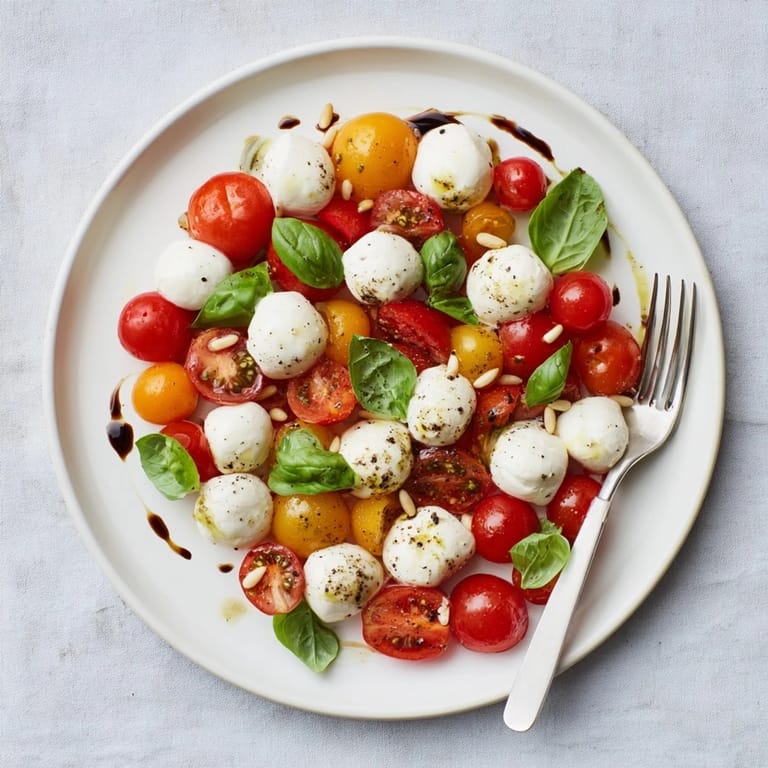 A close-up of a Cherry Tomato and Basil Ring appetizer, with fresh mozzarella and balsamic glaze.