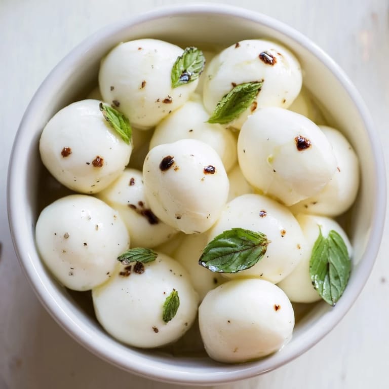 Fresh, seasoned mozzarella pearls, drizzled with olive oil, make for a quick and easy snack.