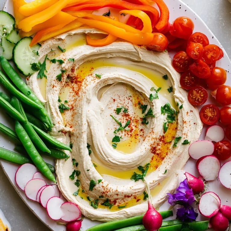 "Köstlicher River Delta Flow-Appetizer: Bunte Gemüse-Sticks neben der Hummus-Fluss-Kreation."