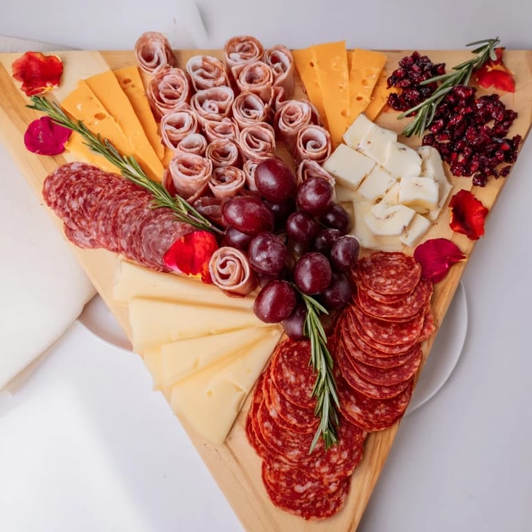 Elegant presentation of The Crimson Crest charcuterie board: red grapes, meats and wine-infused cheeses.